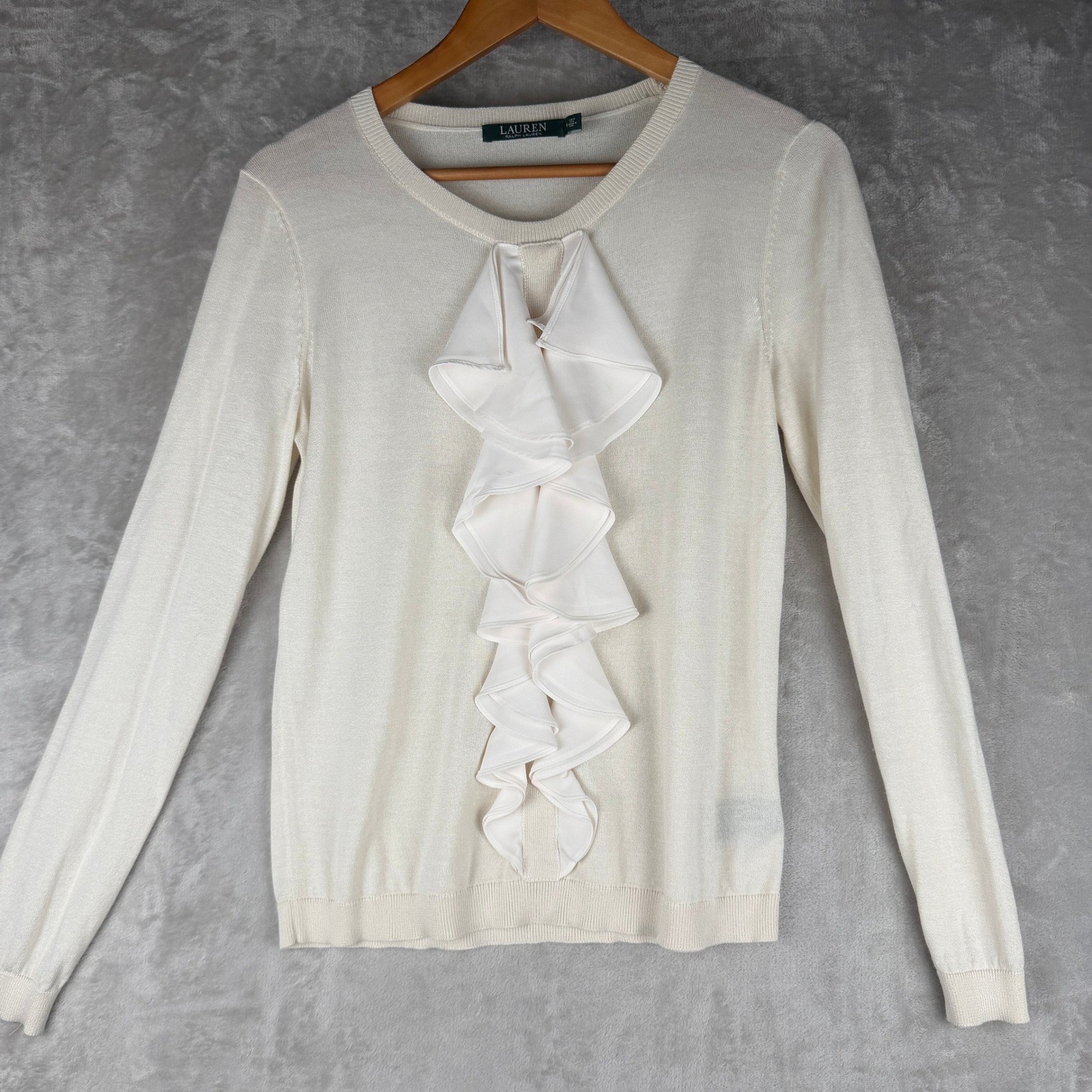 Lauren Ralph Lauren Cream Silk Blend Ruffle Front Sweater Petite Medium Pm Ivory